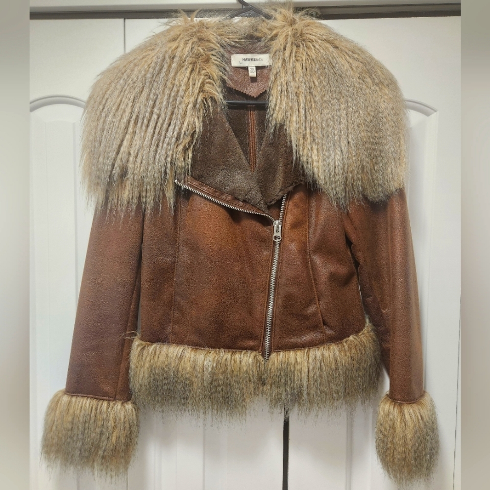 Jacket Hawke&Co woman size XS brown with warm linen and furry finishes,brand new